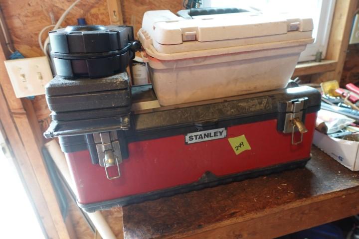 TOOL BOXES WITH MISC HAND TOOLS SOCKET SETS AIR PUMP ETC