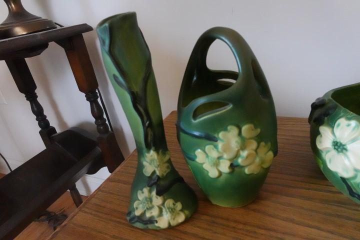 TWO PC ROSEVILLE DOGWOOD INCLUDING  9 INCH BUD VASE AND 8 INCH BASKET