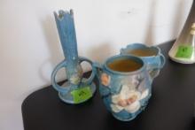 3 PC ROSEVILLE BLUE INCLUDING TWO 3 INCH VASES AND 7 INCH BUD VASE 959