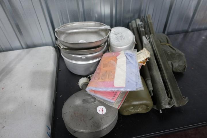 LOT OF ARMY CANTEENS MESS KITS TENT SUPPLIES ETC