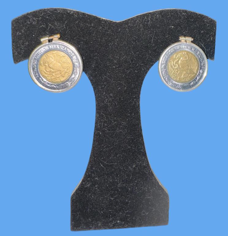 Mexican Coin Pierced Earrings, 14 Kt White Gold