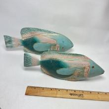 Pair of Pastel Hand Carved Wooden Fish Figurines