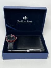 Bella & Rose 3 Piece Gift Set with Watch, Wallet & Pen in Hinged Box  - NEW