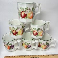 Set of 6 English Mugs with Fruit Design & Green Edges