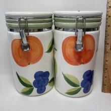 Pair of Ceramic Fruitopia Canisters with Fruit Design