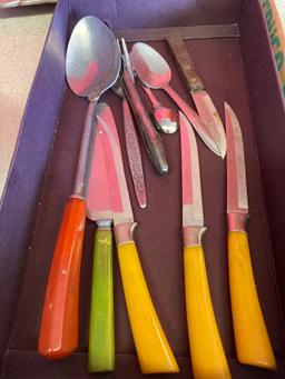 Aluminum elephant tray and strawberry dish plus silverware