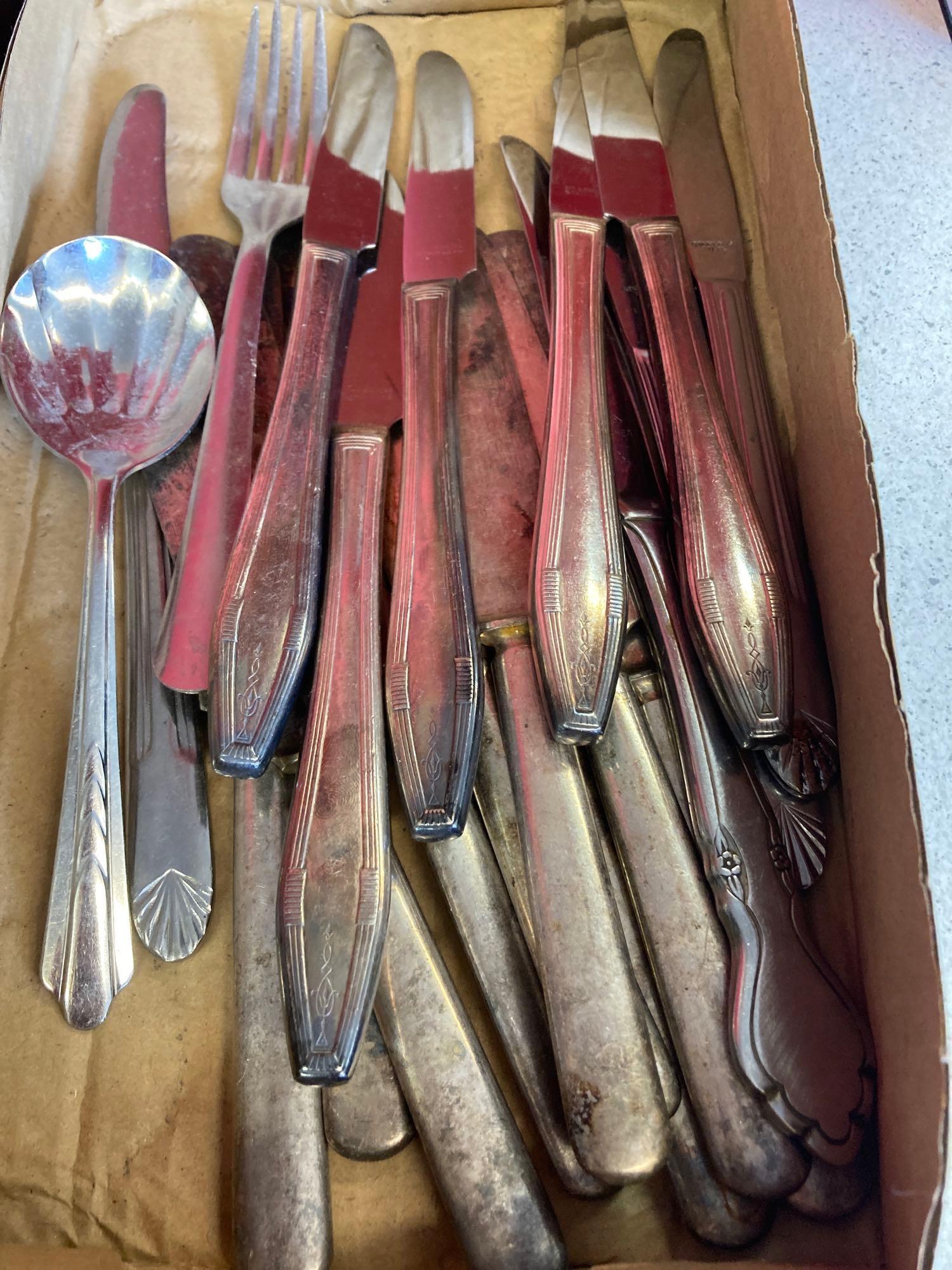 Aluminum elephant tray and strawberry dish plus silverware