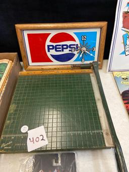 Vintage paper cutter Pepsi clock Pontiac metal sign