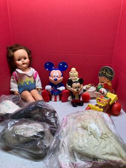 Vintage doll shoes, clothing, and toys