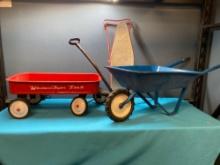 Children?s Western flyer wagon, metal wheelbarrow, and ironing board