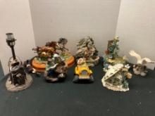 Saddle lamp, horse figurine, other figurines