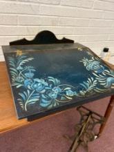 group of antiques, sewing table, iron fireside, bench, stencil, fliptop, halltree