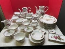 large lot of porcelain dishes serving pieces ashtrays etc. rose themed
