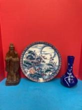 Confucius statue, Asian themed plate and vase