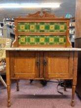 2 pc marble top oak stand with tile backsplash