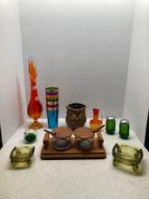 Amberina swung vase, aluminum glasses, mid century condiment set more