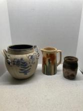 Signed pottery vase with a blue accents, also pitcher and crock