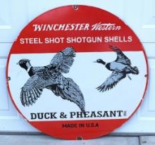 Vintage Winchester Western Porcelain 30" Round Advertising Sign - Duck & Pheasant Steel Shot Shotgun