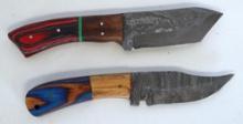 2 Damascus Steel Fixed Blade Knives with Leather Sheaths, 1 8" Overall, 1 8 1/2" Overall - Hand made