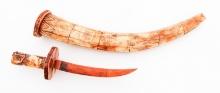 ASIAN HAND CARVED BONE KNIFE & SCABBARD