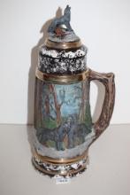 Tall Wolf Stein, Hand Painted, Ceramic, 17 1/2" Including Lid