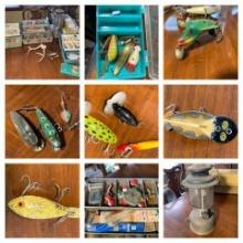 Group of Fishing Lures, Tackle Boxes, Deer Antlers & Coleman Lantern