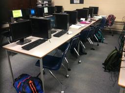 15 computer desks and 30 rolling chairs