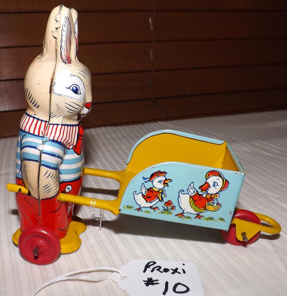 Chein Rabbit Pushing Wheelbarrow, Excellent Condition, 1950s