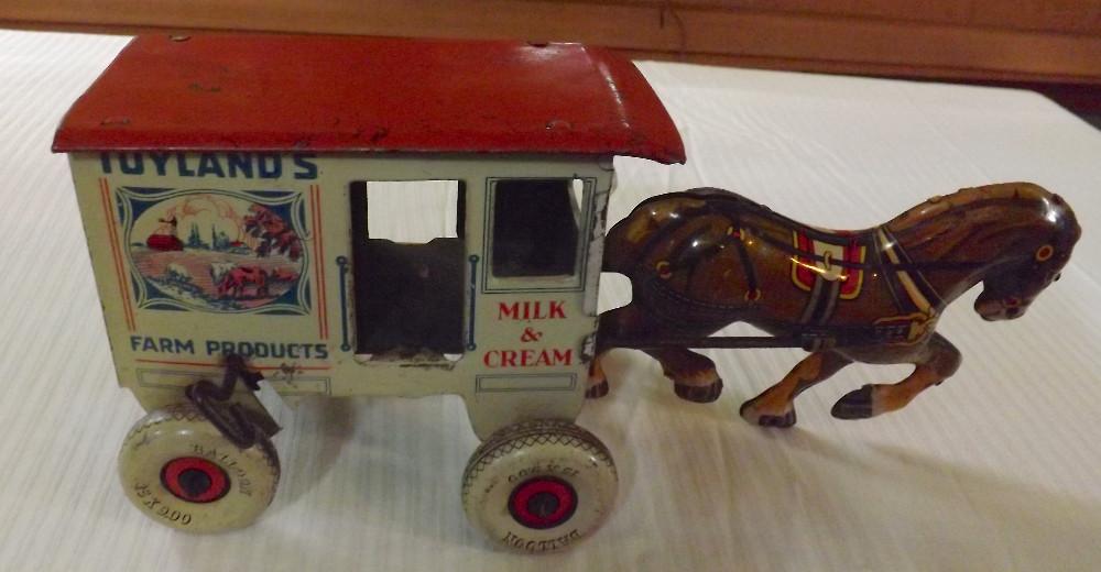 Marx Toyland's Farm Products Wind Up Tin Horse-Drawn Wagon, 10.5" Long