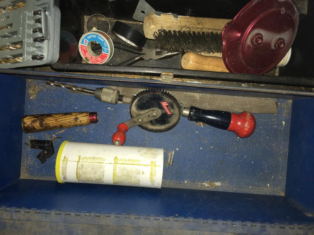 Contents on Workbench - Hand Tools - Toolboxes - Hardware - Etc.