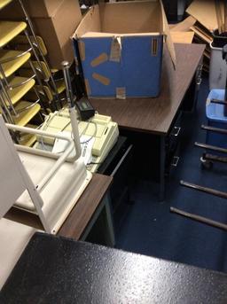 Approx. 50 Kids Yellow Stack Chairs, (2) Computer Tables, File Cabinet & (2) Metal Desks