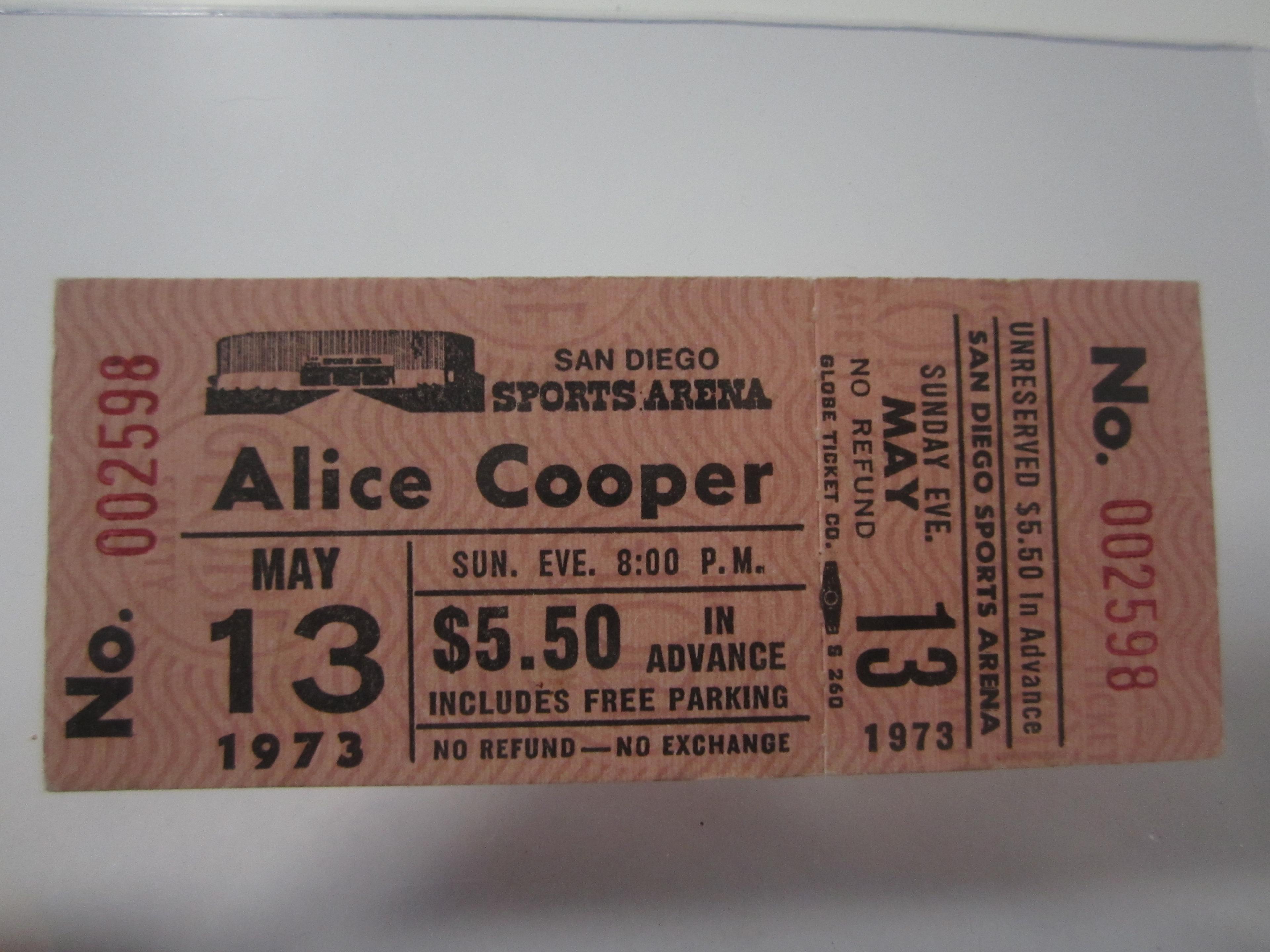 VINTAGE AUTHENTIC 1973 ALICE COOPER TICKET SAN DIEGO SPORTS ARENA