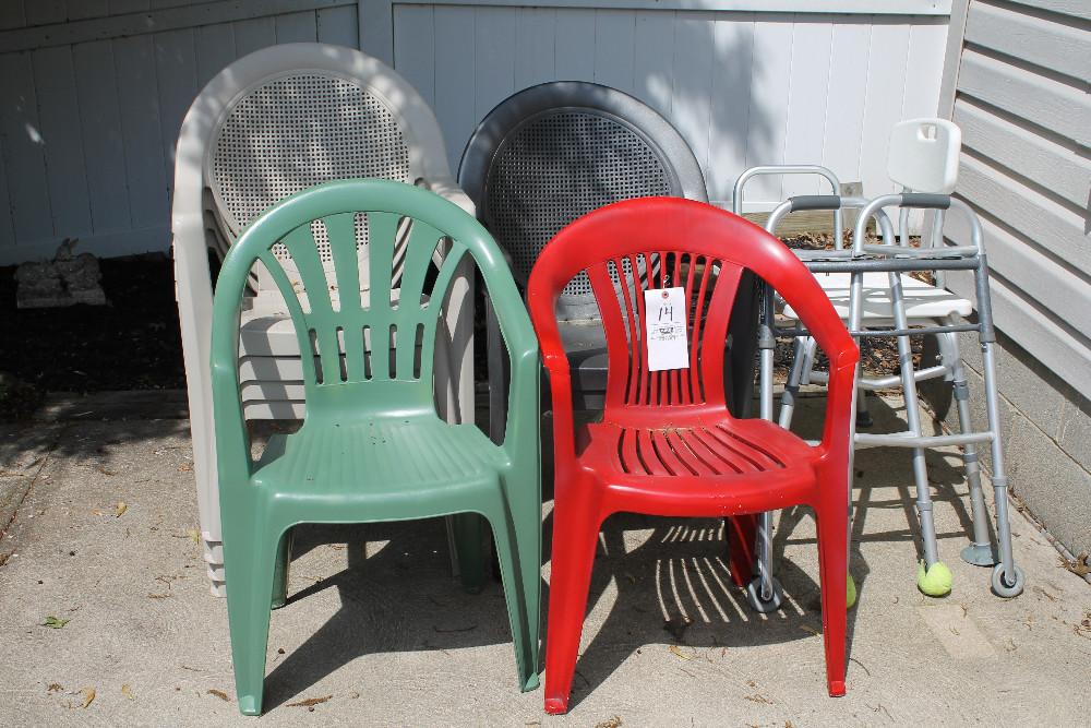 8 Plastic Patio Chairs, Shower Seat, Walker