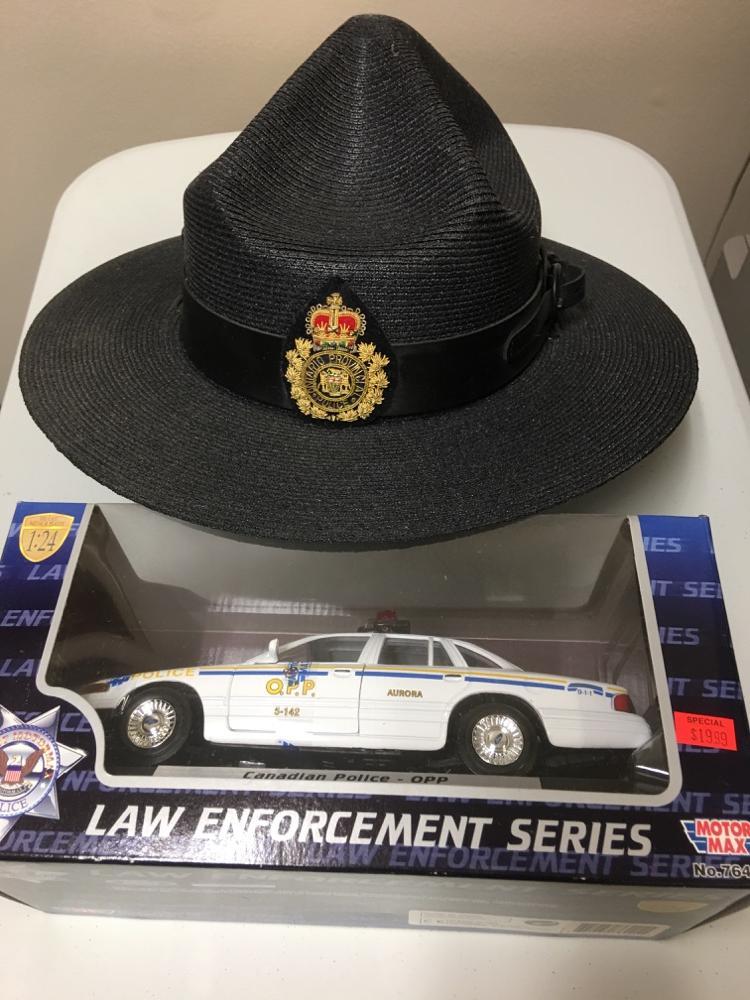 ONTARIO PROVINCIAL POLICE HAT AND MOTOR MAX O.P.P. CRUISER