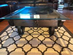 Glass-Top Steel Wheeled Industrial Cart Coffee Table, 54"x34"