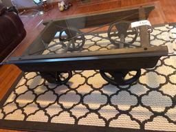 Glass-Top Steel Wheeled Industrial Cart Coffee Table, 54"x34"