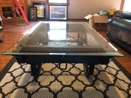 Glass-Top Steel Wheeled Industrial Cart Coffee Table, 54"x34"