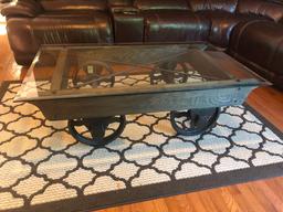 Glass-Top Steel Wheeled Industrial Cart Coffee Table, 54"x34"