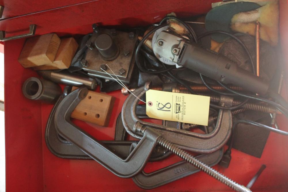 Contents Of Drawer Including Angle Grinder, C-Clamps