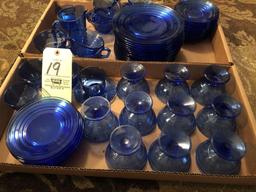 2 boxes of blue glass - 15 big plates - misc. small plates and cups