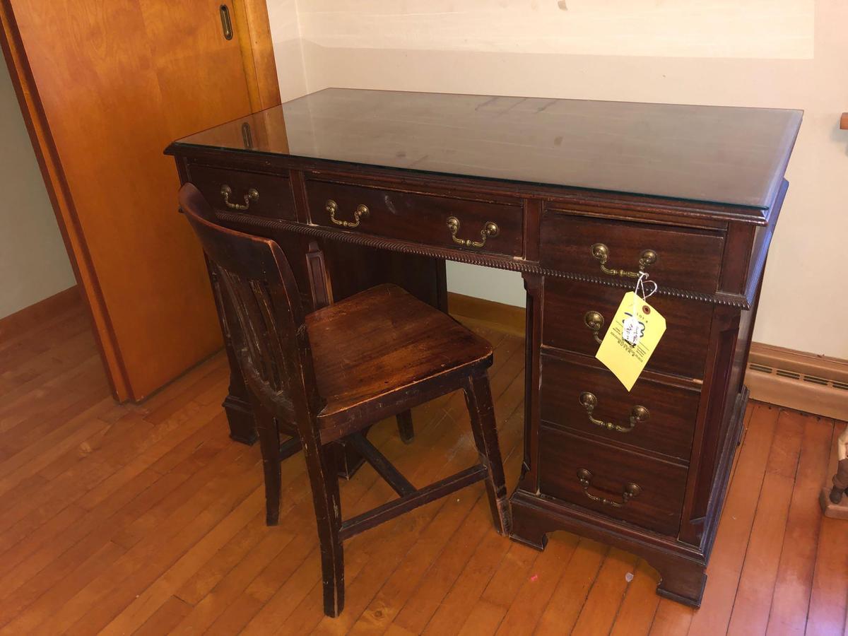 Mahogany knee hole desk with antique chair