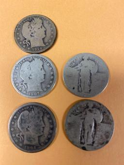 (3) Liberty Head quarters & (2) worn date Standing Liberty quarters