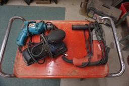 Hammer drill, saws, sander, cart