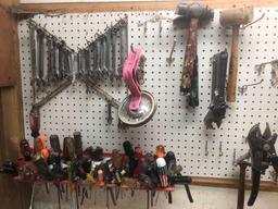 Handtools. Pliers, wrenches, crescent wrenches, assorted wrenches.