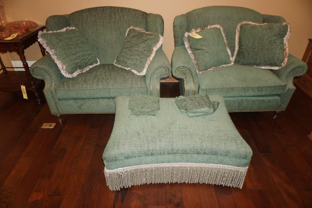 (2) Sherrill Furniture loveseats w/ ottoman & pillows