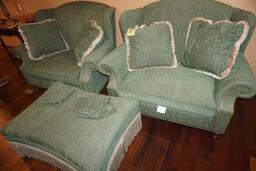 (2) Sherrill Furniture loveseats w/ ottoman & pillows