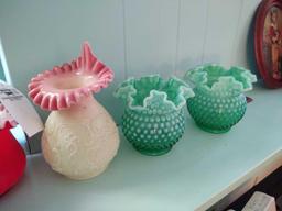 Assorted Glassware incl. Roseville Pitcher, Hobnail Vases & Basket