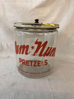 Num Num Pretzels Glass advertisement jar