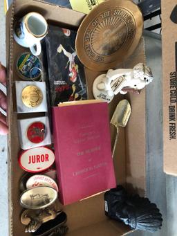 Cookie cutters, wire tie jars, buttons and pins, desk items, Salem China, chess set.
