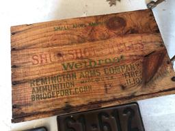 Five early Ohio license plates, wood advertising box.